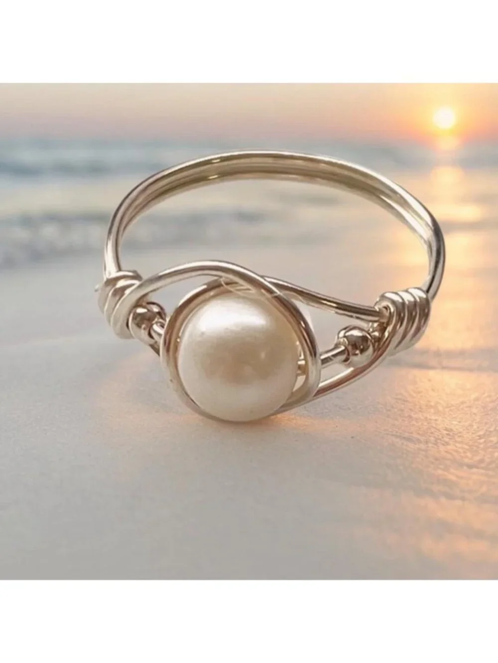 Sterling Silver wire wrapped Pearl Ring size 5